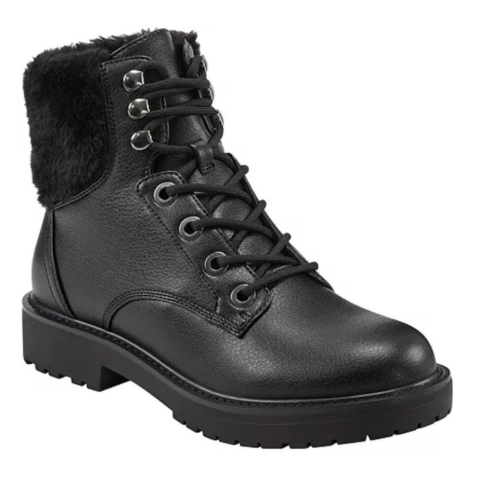 Bandolino Womens Livia 3 Combat Black Boots Size 6.5 NWOB Plush Collar Edgy Cozy